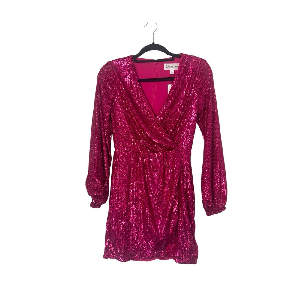 NWT The Drop Helena Sequin Wrap Dress Luminous Pink Size XS - Picture 2 of 12